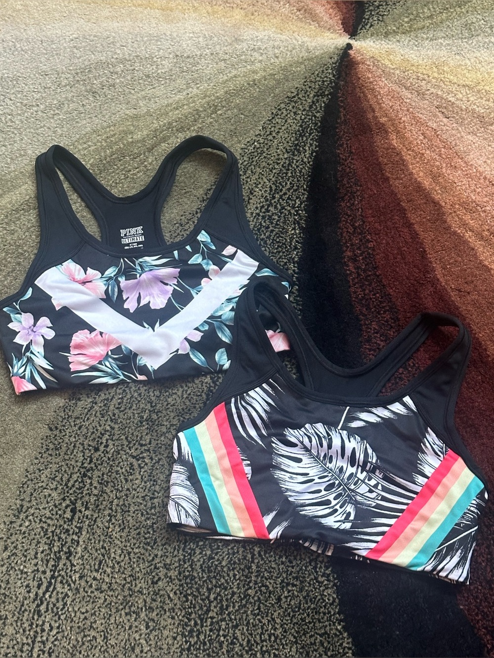 Victoria's Secret Black Floral & Tropical Stripe Racerback sports Bra bundl